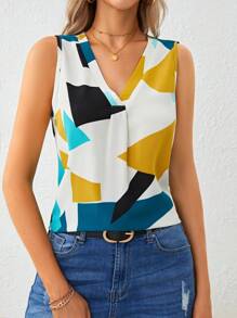 SHEIN Clasi Geo Print V Neck Blouse White Shirt,Sleeveless Tops - Multicolor - View 5