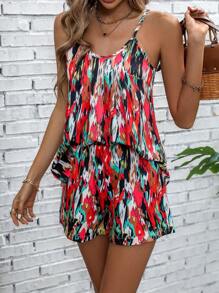 SHEIN LUNE 滿版印花吊帶背心和短褲 - 紅色 - 查看 4