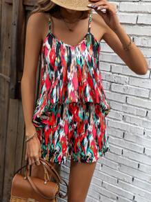 SHEIN LUNE 滿版印花吊帶背心和短褲 - 紅色 - 查看 6