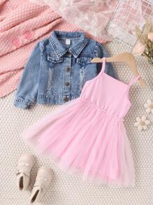SHEIN Young Girl Pink Spaghetti Strap Princess Dress And Denim Jacket Skirt Set For Spring And Autumn