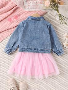 SHEIN Young Girl Pink Spaghetti Strap Princess Dress And Denim Jacket Skirt Set For Spring And Autumn