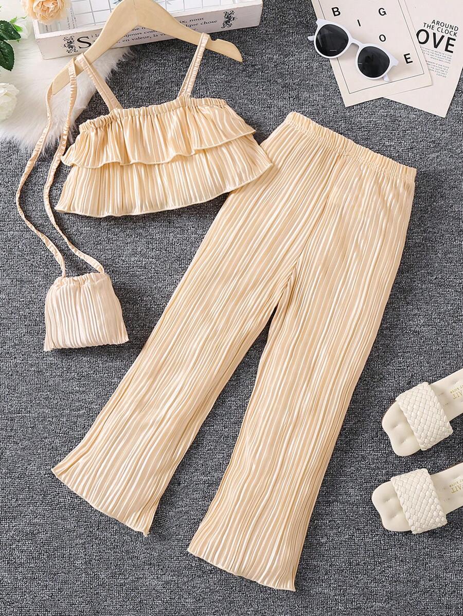 SHEIN Young Girl Ruffle Trim Cami Top & Flare Leg Trousers - Khaki - View 1