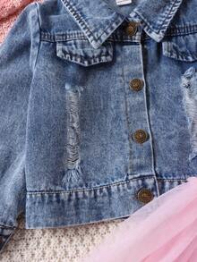 SHEIN Young Girl Pink Spaghetti Strap Princess Dress And Denim Jacket Skirt Set For Spring And Autumn