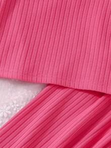 SHEIN 女小童小高領T恤&字母補丁細節闊腿褲 - 玫紅色 - 查看 6