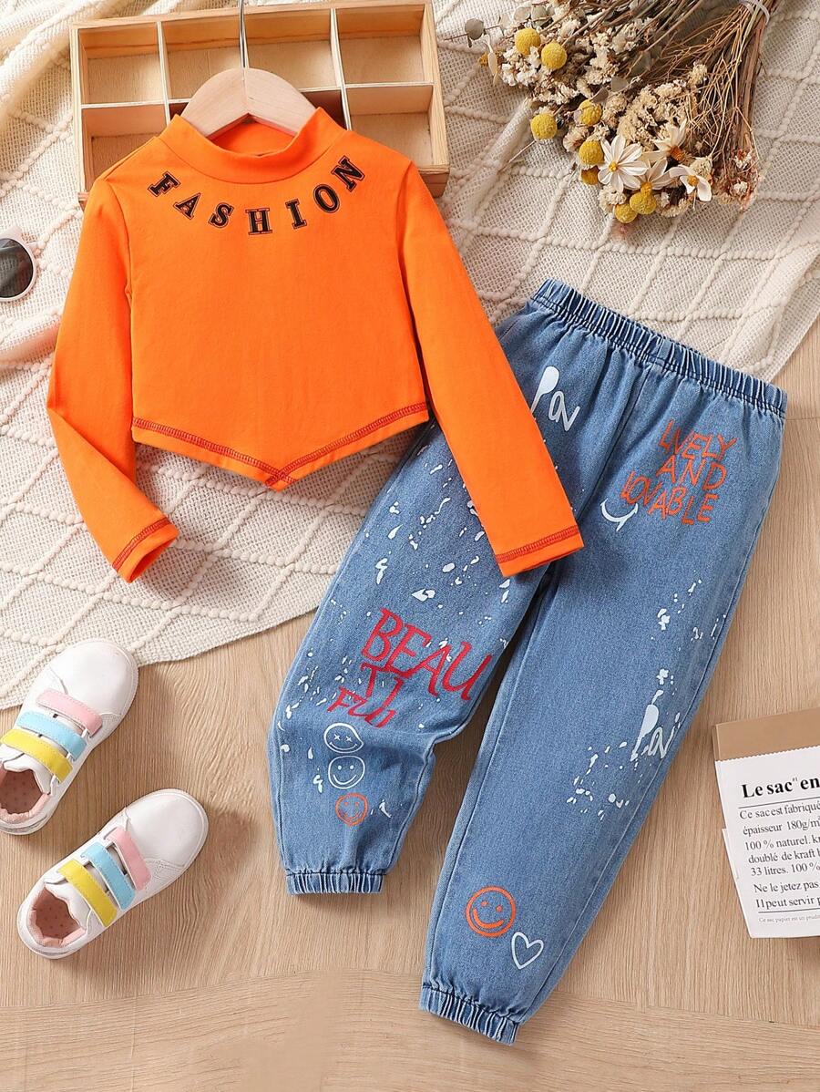 SHEIN Cô Gái Trẻ Lá thư In Cổ giả Bộ áo và joggers - trái cam - Xem 1