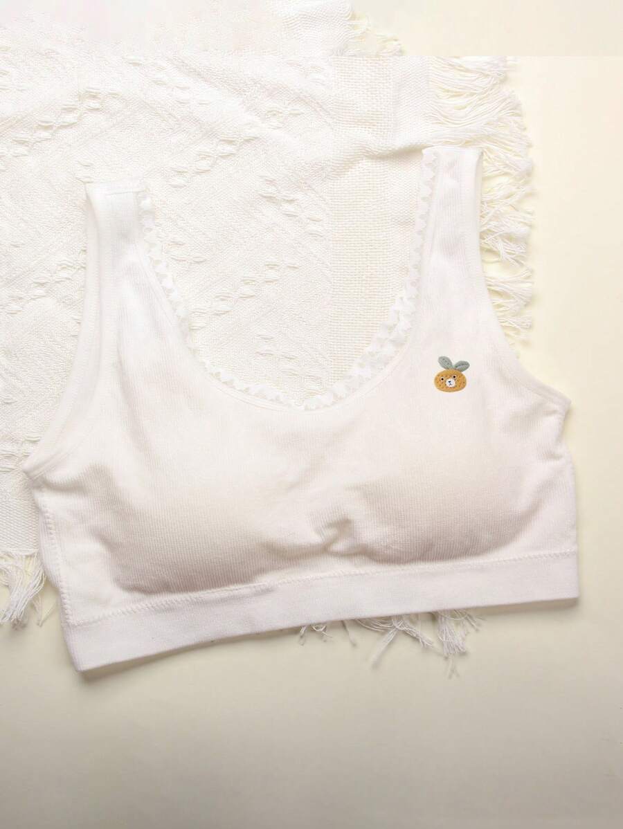 Tween Girl Contrast Lace Cartoon Patched Bra - White - View 1