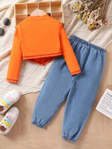 SHEIN Cô Gái Trẻ Lá thư In Cổ giả Bộ áo và joggers - trái cam - Xem 2