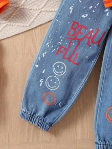 SHEIN Cô Gái Trẻ Lá thư In Cổ giả Bộ áo và joggers - trái cam - Xem 4