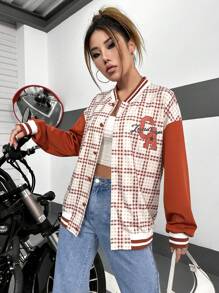 SHEIN Unity 格紋&字母圖案條紋飾邊落肩袖學院風夾克 - 彩色 - 查看 1