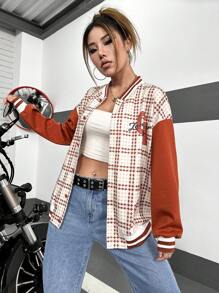 SHEIN Unity 格紋&字母圖案條紋飾邊落肩袖學院風夾克 - 彩色 - 查看 3