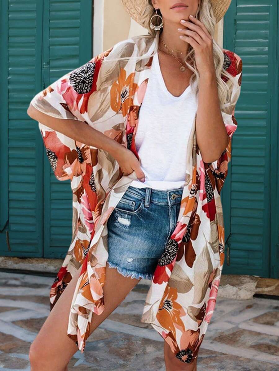Floral Print Batwing Sleeve Kimono Summer