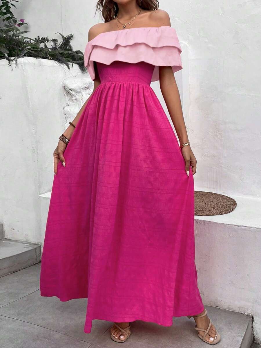 SHEIN VCAY 一字肩荷葉邊洋裝 - 玫紅色 - 查看 1