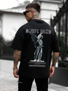 男士標語和人物圖案T恤 - 黑色 - 查看 1