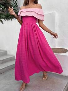 SHEIN VCAY 一字肩荷葉邊洋裝 - 玫紅色 - 查看 3