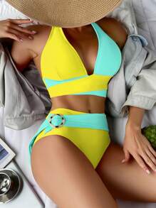 撞色環鏈掛脖比基尼泳裝 - 彩色 - 查看 1