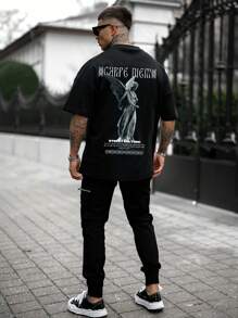 男士標語和人物圖案T恤 - 黑色 - 查看 4