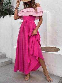 SHEIN VCAY 一字肩荷葉邊洋裝 - 玫紅色 - 查看 6