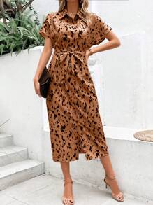 SHEIN Unity Abito chemisier stampato all over con manica a pipistrello con cintura - Multicolore - Visualizzare 4
