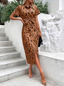 SHEIN Unity Abito chemisier stampato all over con manica a pipistrello con cintura - Multicolore - Visualizzare 6