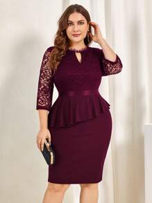 MIUSOL Plus Floral Lace Keyhole Neck Ruffle Trim 3/4 Sleeve Cocktail Party Pencil Dress - Burgundy - View 4
