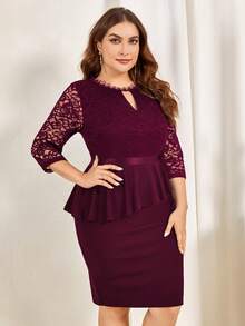 MIUSOL Plus Floral Lace Keyhole Neck Ruffle Trim 3/4 Sleeve Cocktail Party Pencil Dress - Burgundy - View 5