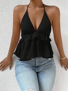 Tie Backless Ruffle Hem Halter Top