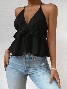 Tie Backless Ruffle Hem Halter Top