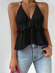 Tie Backless Ruffle Hem Halter Top