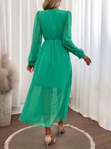 SHEIN LUNE 優雅交叉純色女士連衣裙 - 綠色 - 查看 3