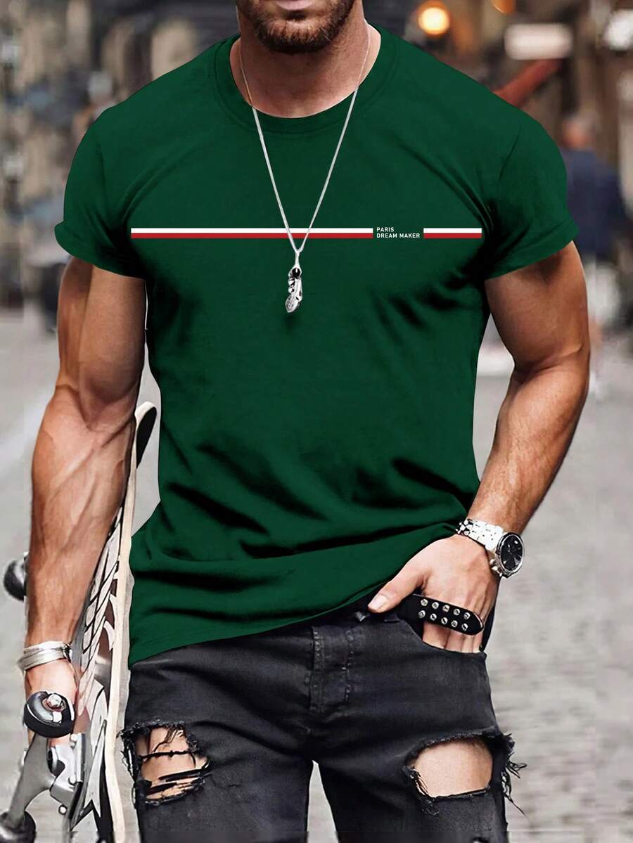 Manfinity Homme 男士字母圖案T恤 - 綠色 - 查看 1