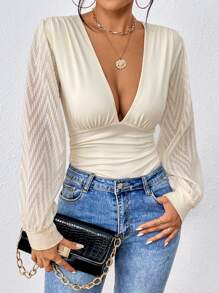 SHEIN Privé 深V領燈籠袖連身背心 - 杏色 - 查看 1