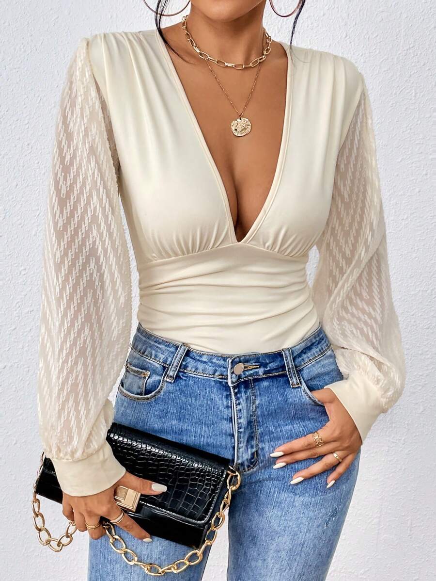 SHEIN Privé 深V領燈籠袖連身背心 - 杏色 - 查看 1