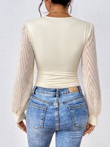 SHEIN Privé 深V領燈籠袖連身背心 - 杏色 - 查看 2