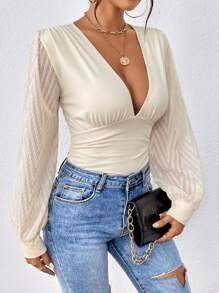 SHEIN Privé 深V領燈籠袖連身背心 - 杏色 - 查看 6