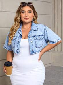 SHEIN Tall CURVE Damen Große Größen blaue Jeans Lässig Kurzarmhemden Sommer, Urlaubsoutfits Frau, Ostern, Frühling, Western, Bürooutfits für Frauen, Raveoutfits, Babyparty Kleid, Cottagecore, Country Outfits Frauen, Chic, Sommerobertteile, Ausgeh-Oberteile Frauen, süße Sommerobertteile