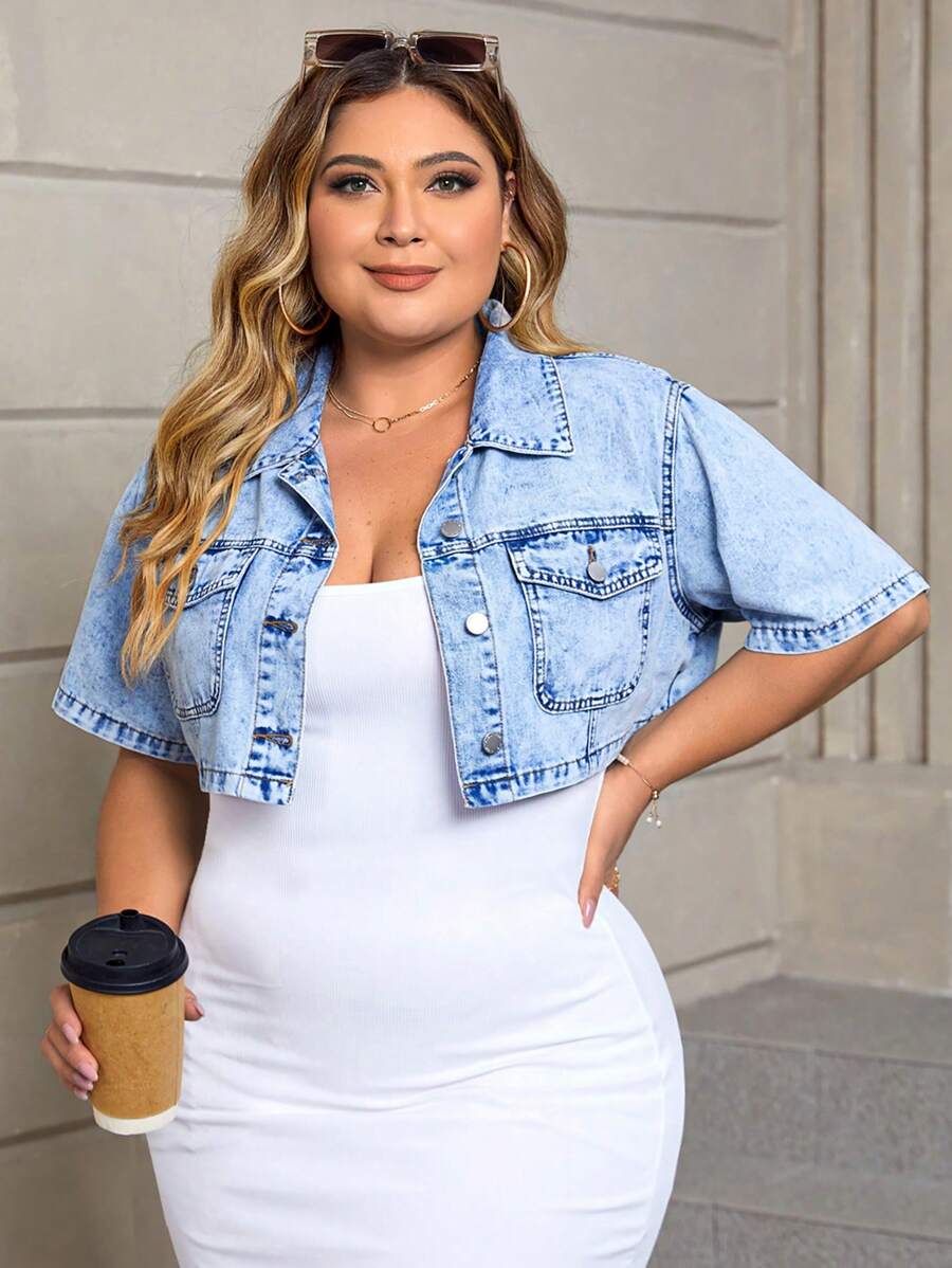 SHEIN SXY Plus Flap Pocket Crop Denim Blouse