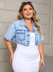 SHEIN Tall CURVE Damen Große Größen blaue Jeans Lässig Kurzarmhemden Sommer, Urlaubsoutfits Frau, Ostern, Frühling, Western, Bürooutfits für Frauen, Raveoutfits, Babyparty Kleid, Cottagecore, Country Outfits Frauen, Chic, Sommerobertteile, Ausgeh-Oberteile Frauen, süße Sommerobertteile