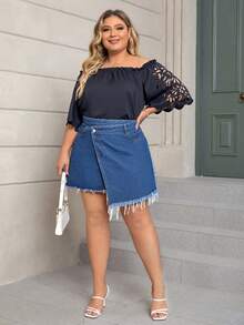 SHEIN SXY Hơn Cao eo Bọc Raw Hem Váy Denim - Rửa trung bình - Xem 3