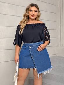 SHEIN SXY Hơn Cao eo Bọc Raw Hem Váy Denim - Rửa trung bình - Xem 4
