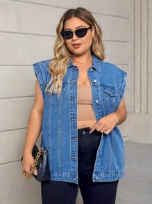 SHEIN Essnce Plus Flap Detail Vest Denim Shirt - Medium Wash - View 1