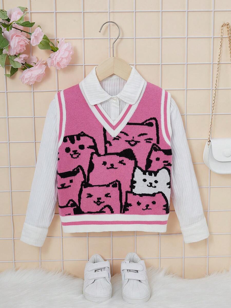SHEIN 女小童卡通圖案條紋飾邊毛衣背心不帶襯衫 - 彩色 - 查看 1