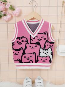 SHEIN 女小童卡通圖案條紋飾邊毛衣背心不帶襯衫 - 彩色 - 查看 2