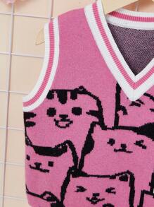 SHEIN 女小童卡通圖案條紋飾邊毛衣背心不帶襯衫 - 彩色 - 查看 4