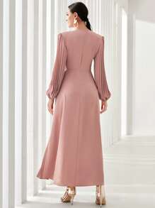 Modelyn Modest Long Lantern Sleeve Pleated Panel Dress Without Belt - Pink - View 2