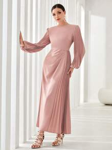 Modelyn Modest Long Lantern Sleeve Pleated Panel Dress Without Belt - Pink - View 5