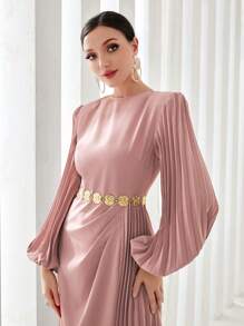 Modelyn Modest Long Lantern Sleeve Pleated Panel Dress Without Belt - Pink - View 3
