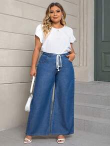 SHEIN LUNE 大碼腰部抽繩闊腿牛仔褲 - 中等水洗藍 - 查看 2