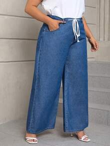 SHEIN LUNE 大碼腰部抽繩闊腿牛仔褲 - 中等水洗藍 - 查看 4