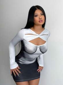 SHEIN SXY Graphic Print Twist Front Cut Out Bodycon Dress - Grey - View 3