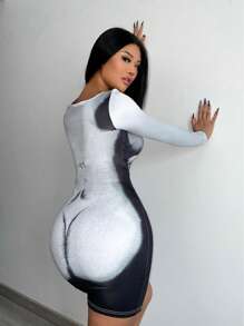 SHEIN SXY Graphic Print Twist Front Cut Out Bodycon Dress - Grey - View 2